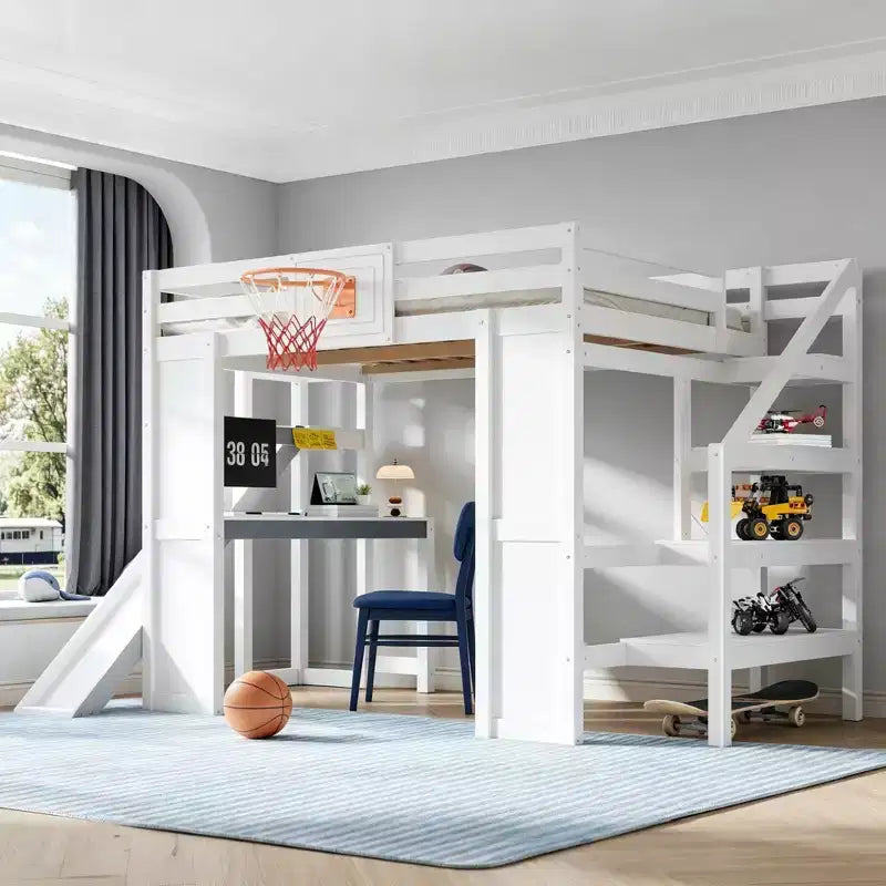 Luxystar Komplettes Hochbett aus Holz mit Schreibtisch, Rutsche, Basketballkorb und Aufbewahrungstreppe für Kinder und Jugendliche