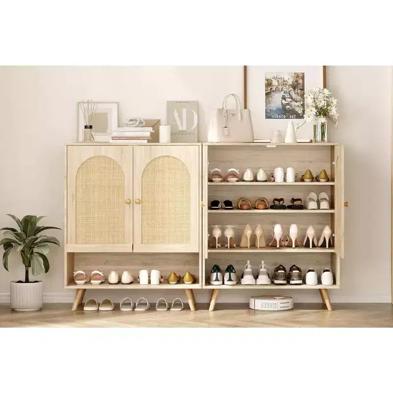 Schuhregal-Organizer, 4-stöckiger Schuhschrank aus Holz mit verstellbaren Einlegeböden & Rattan-Türen, schmales Eichenregal für Flur und Wohnzimmer