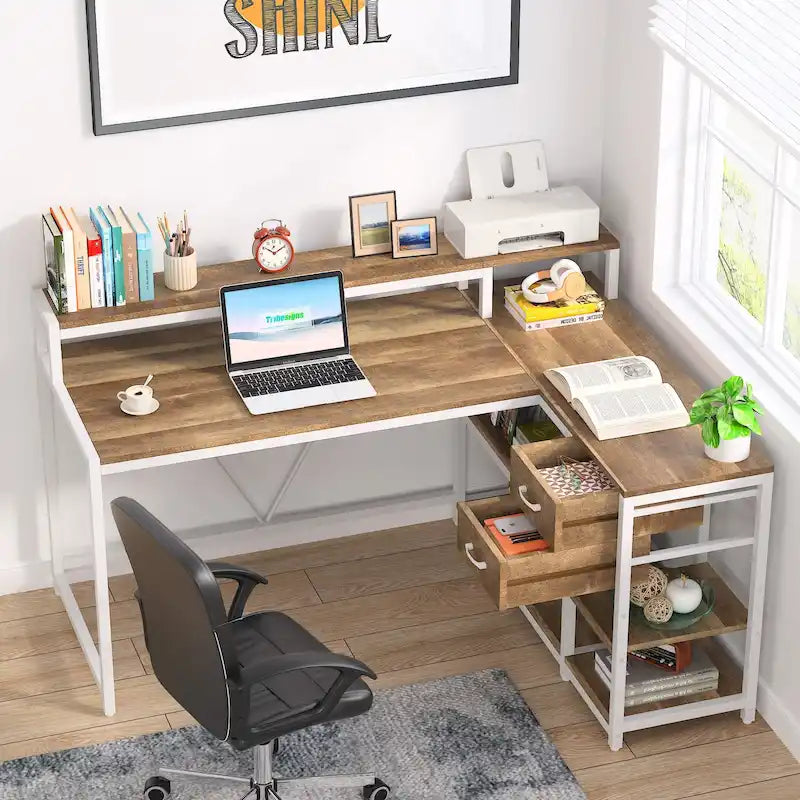 L-förmiger Schreibtisch mit Schublade, Eckschreibtisch für das Home-Office mit Ablagefächern und Monitorständer, rustikaler PC-Tisch für kleine Räume
