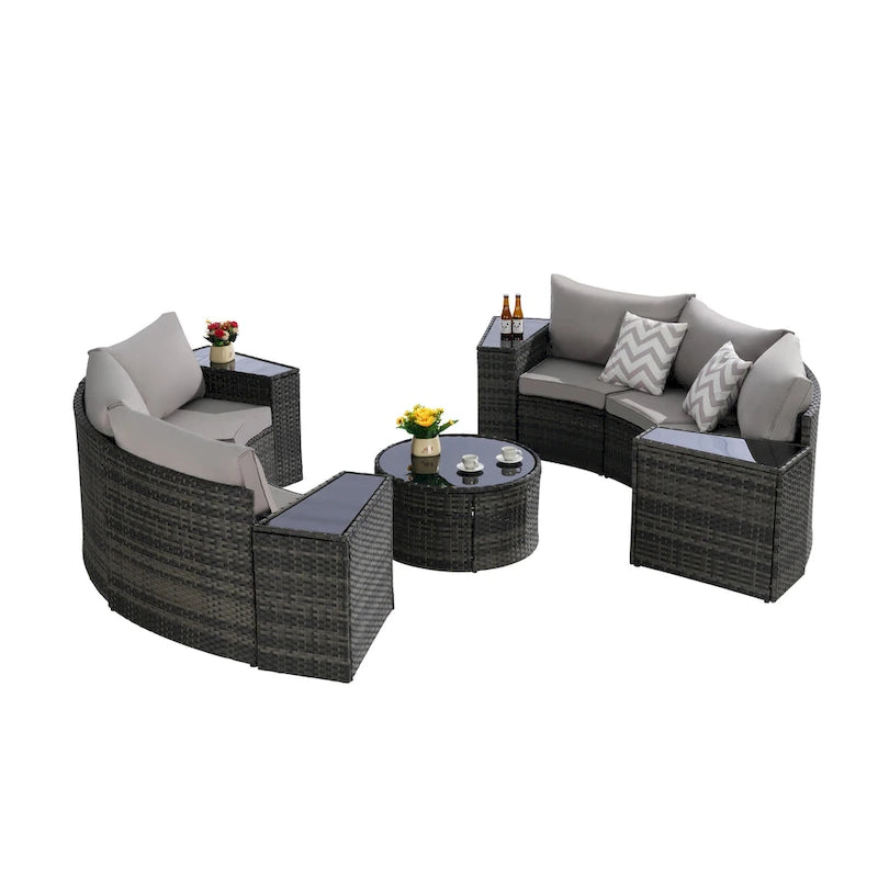 11-teiliges modulares Outdoor-Sofa-Set mit halbrunden Elementen, Couchtisch aus gehärtetem Glas und 4 Beistelltischen