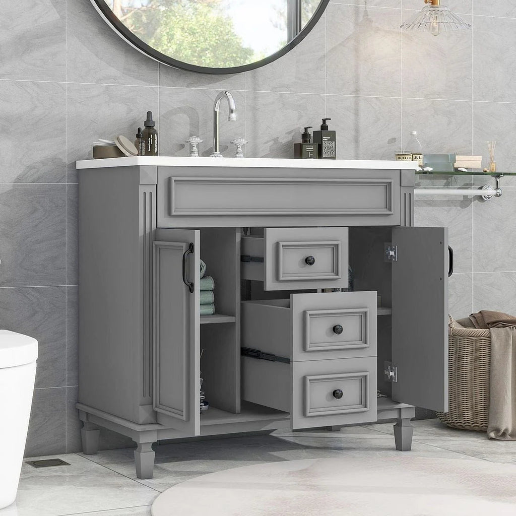 36" Moderner Badezimmer-Waschtisch mit Aufsatzwaschbecken und Spiegelschrank, 2 Türen und 2 Schubladen