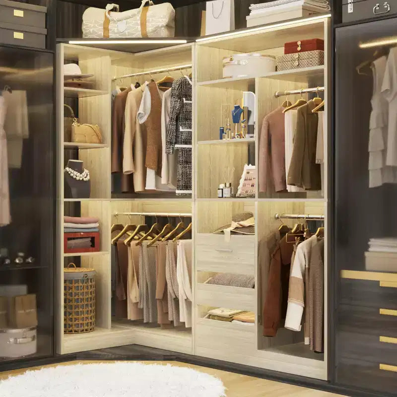 Besiost 2er-Set Eckschranksystem mit Turmregal, freistehender Kleiderschrank-Organizer mit Schubladen