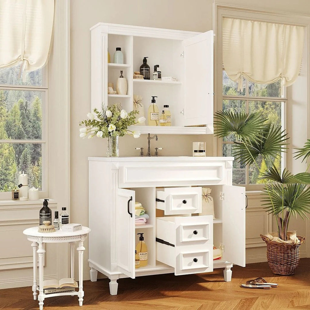 36" Moderner Badezimmer-Waschtisch mit Aufsatzwaschbecken und Spiegelschrank, 2 Türen und 2 Schubladen