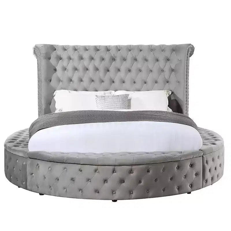 109 Queen-Bett Gaiva Bett Grauer Samt - Acme Furniture: Elegantes Design mit Nagelköpfen und Knopfheftung, Rahmen aus Holzwerkstoff