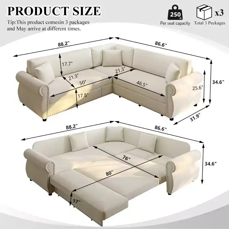 Homy Casa 88 L-förmiges Schlafsofa mit Ausziehbett, Chenille-Polsterung, 5-Sitzer, Beige