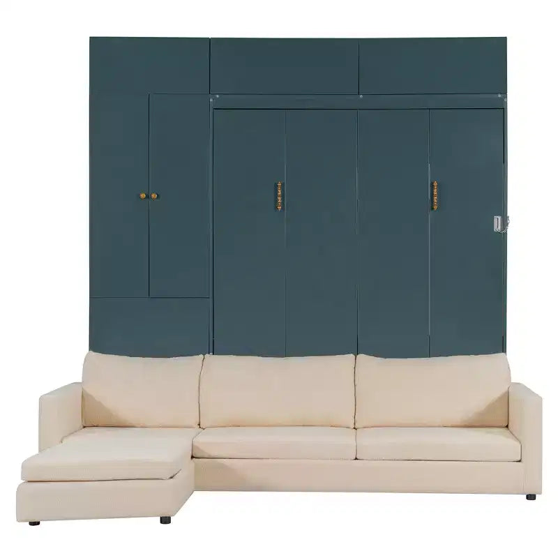 Schrankbett in Queen-Size mit Sofa und Schrank, hölzernes Queen-Size-Schrankbett als Wandbett mit Regalen, klappbares Wand-Schrankbett für Gästezimmer und Büro
