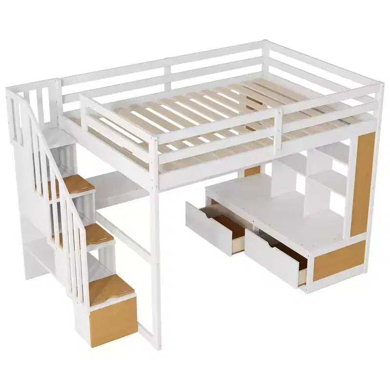 Full-Size-Hochbett mit Treppe und Schreibtisch, Hochbettgestell aus Holz mit Staufächern und Bücherregalen für Erwachsene, Teenager und Kinder