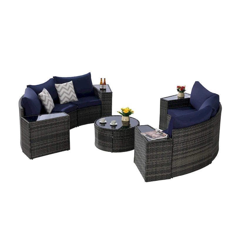 11-teiliges modulares Outdoor-Sofa-Set mit halbrunden Elementen, Couchtisch aus gehärtetem Glas und 4 Beistelltischen