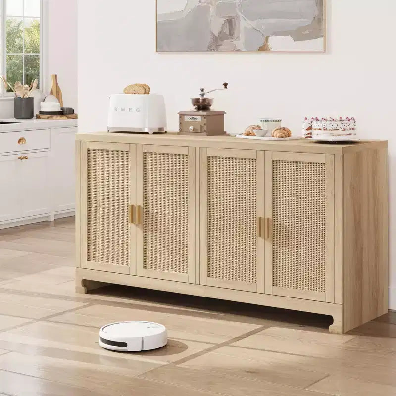 4-türiger Aufbewahrungsschrank aus Geflecht, Buffet-Sideboard mit Ablage, Kaffeebar-Konsole für Küche, Ess- & Wohnzimmer, 36H