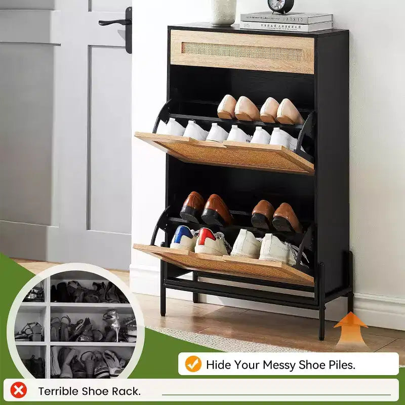 Schuhschrank für den Eingangsbereich mit 2 Klappfächern, schmaler freistehender Schuh-Organizer aus Holz, platzsparendes geschlossenes Schuhregal für Flur, Foyer, Wohnung