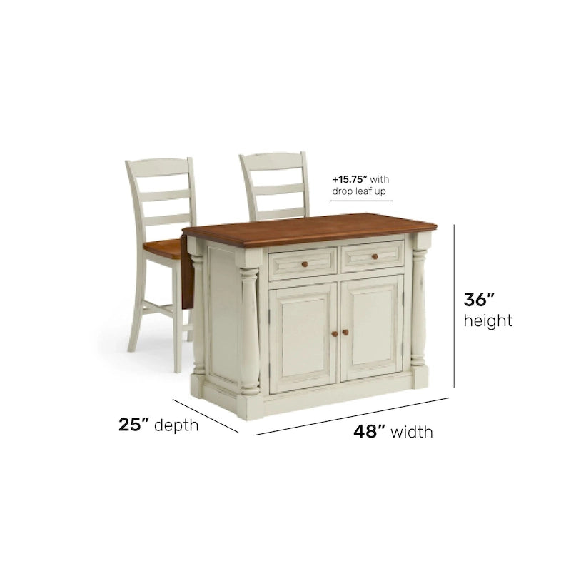 Homestyles Monarch 3-teiliges Kücheninsel-Set aus cremeweißem Holz mit ausklappbarer Holzplatte – 48 x 25 x 36