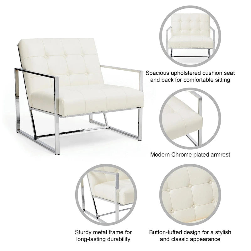 Glitzhome 77,5 cm hoher Mid-Century Akzentstuhl in Creme, PU-Leder mit Knopfheftung und verchromtem Gestell