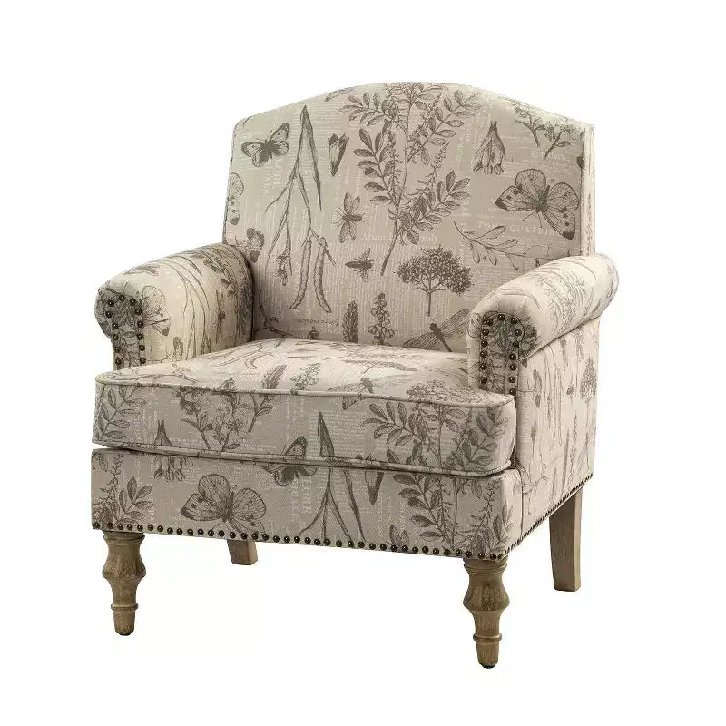 Gepolsterter Sessel aus Holz mit Blumenmuster, Paneel-Armlehnen und Kamelrückenlehne
