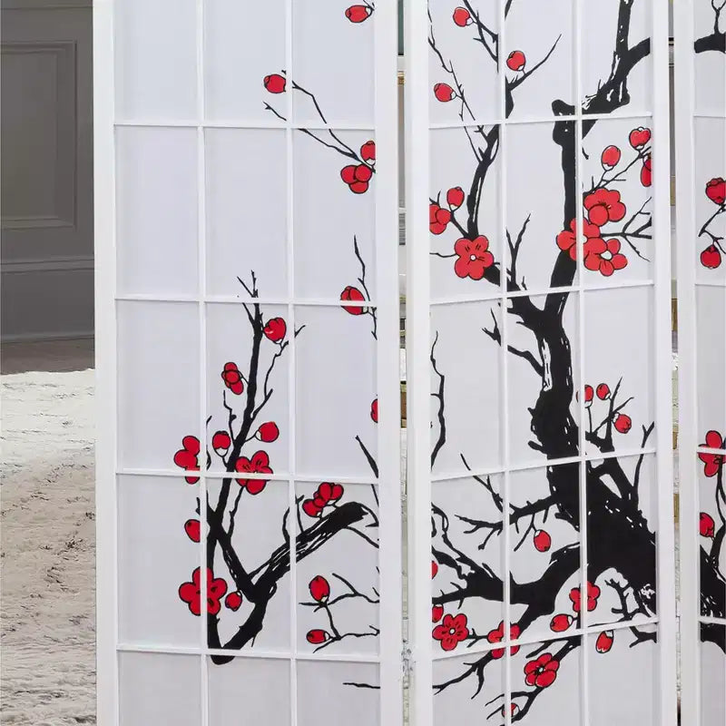 Roundhill Furniture Japanischer 4-Panel Raumteiler, Pflaumenblüte