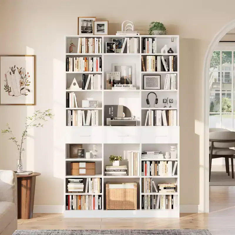 Schwarz/Weißes 9-stöckiges Bücherregal mit 3 Schubladen und verstellbaren Einlegeböden