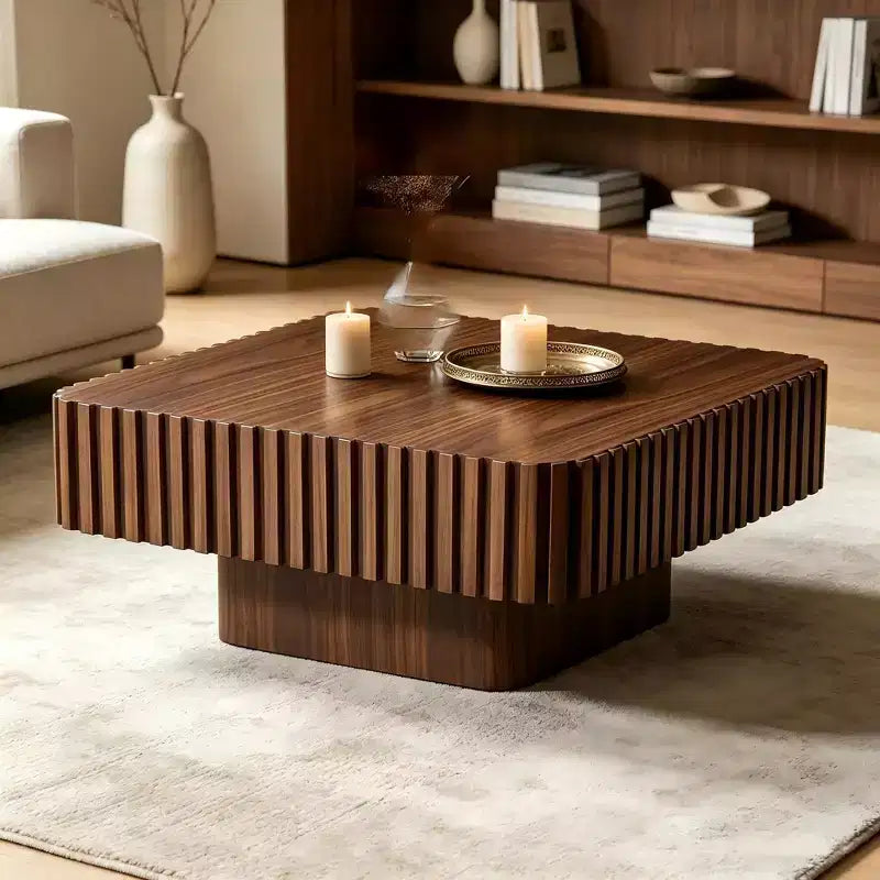 31,5 Zoll moderner handgefertigter Trommel-Couchtisch, quadratisch, Sockel aus Walnuss-MDF