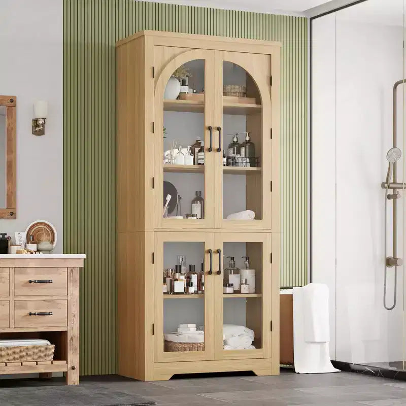 178 cm hoher Küchenschrank, moderner Vitrinenschrank mit 4 gewölbten Glastüren und verstellbaren Einlegeböden, für Küche, Wohnzimmer, Esszimmer, Badezimmer