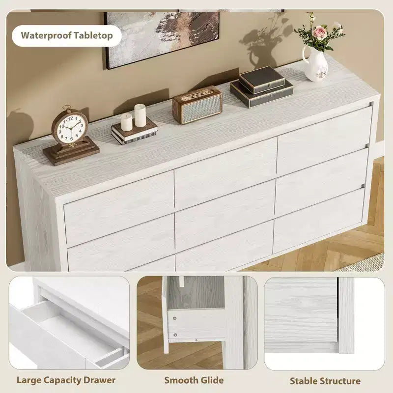 Kommode mit 9 Schubladen für das Schlafzimmer, breiter moderner Schubladenschrank aus Holz mit großem Stauraum, Holzkommode für Wohnzimmer, Flur und Eingangsbereich