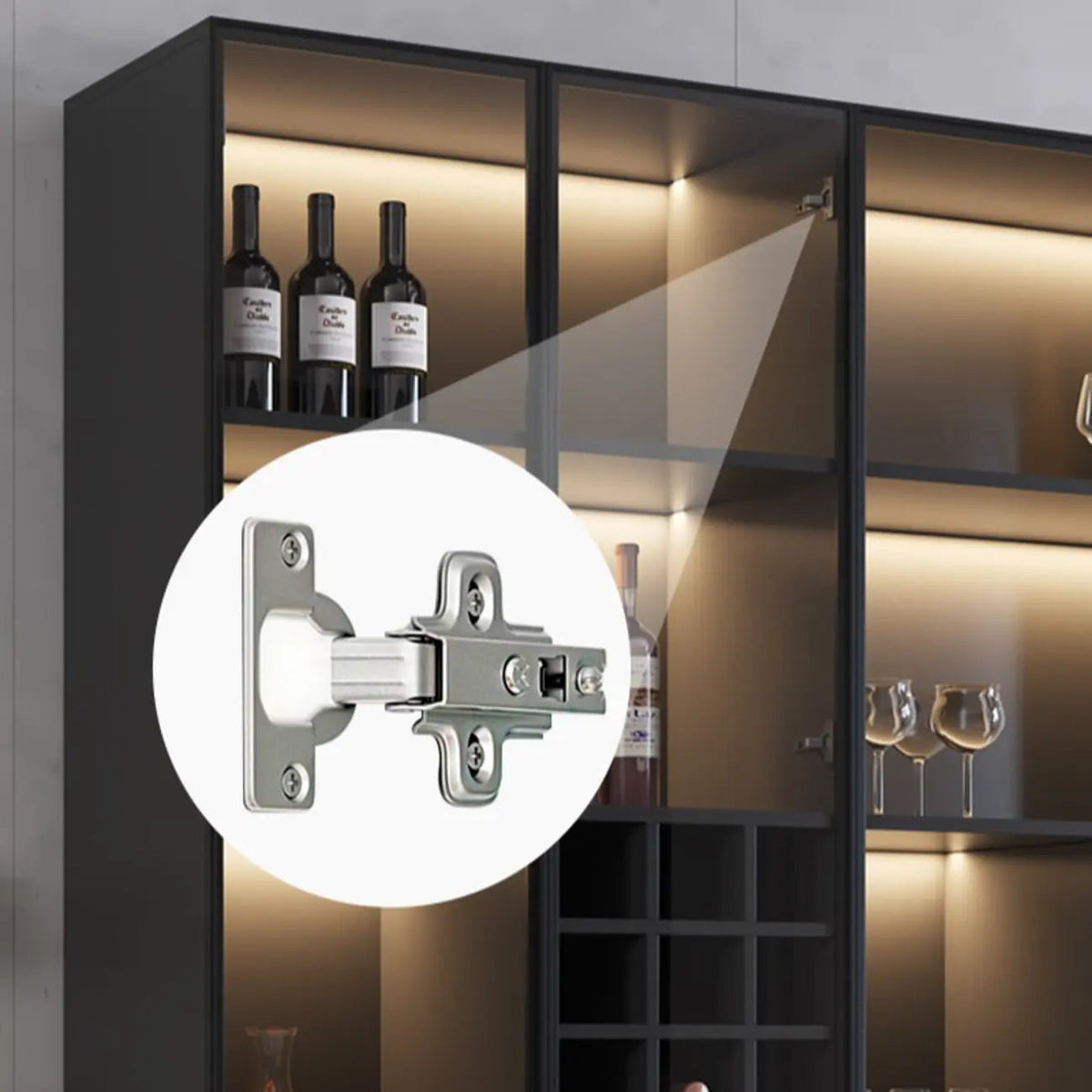Minimalistisches Weinschrankregal aus schwarzem Holz mit Glastür