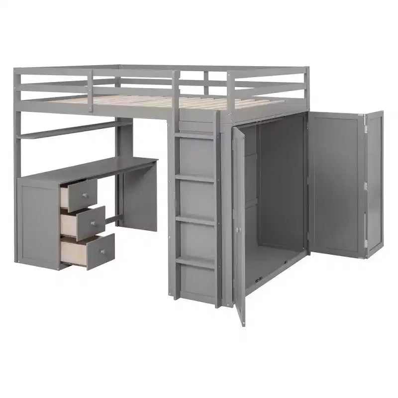 CLIHOME Hochbett in Full-Size mit 3 Schubladen, Schreibtisch und Kleiderschrank