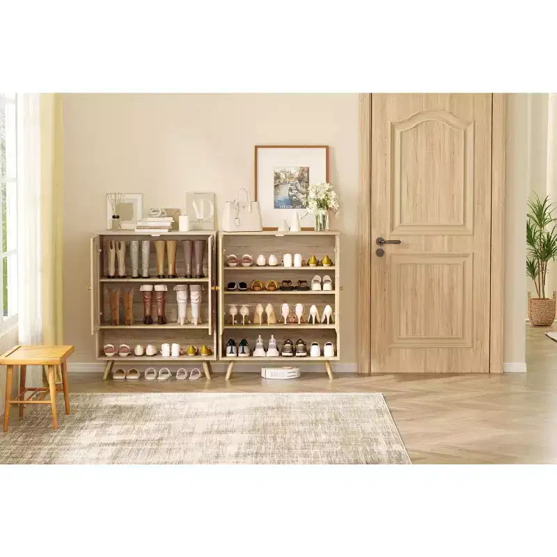 Schuhregal-Organizer, 4-stöckiger Schuhschrank aus Holz mit verstellbaren Einlegeböden & Rattan-Türen, schmales Eichenregal für Flur und Wohnzimmer