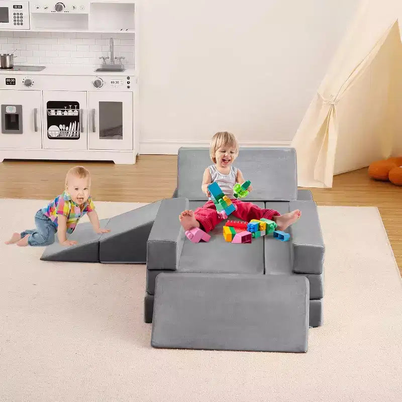 Indoor-Klettersofa, 12-teilige modulare Spielcouch mit quadratischem Bällebad & Kletterrampe, Kissen-Spielset