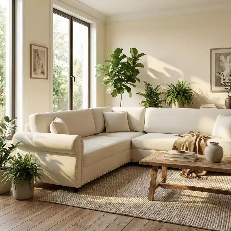 Homy Casa 88 L-förmiges Schlafsofa mit Ausziehbett, Chenille-Polsterung, 5-Sitzer, Beige