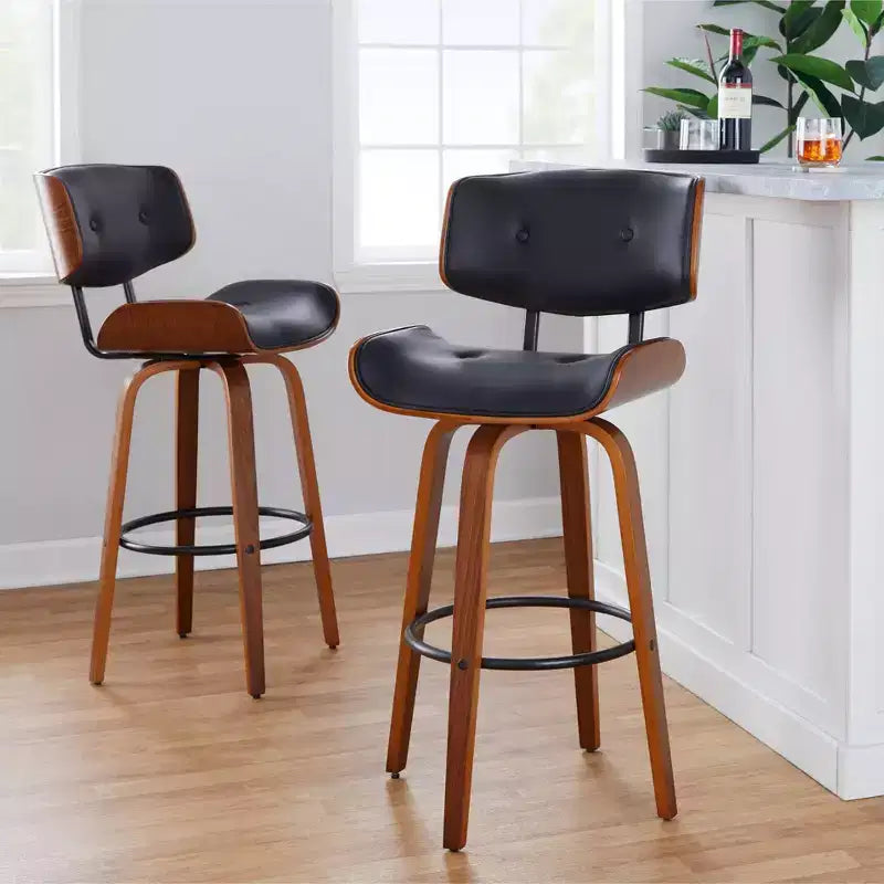 2er-Set Lombardi Barhocker Walnuss/Schwarz – LumiSource: Mid-Century, feste Höhe, gesteppt, 77,5 cm Sitzhöhe