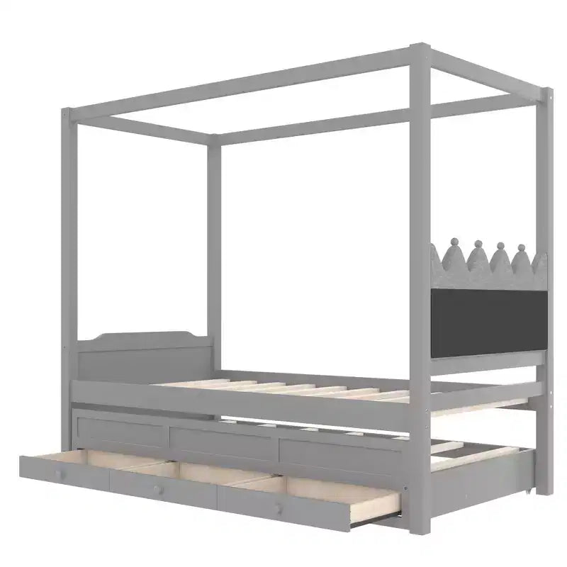 Doppel-/Einzelbett-Plattformbett mit Ausziehbett, Prinzessinnen-Himmelbett aus Holz mit 3 Schubladen, Stauraumbett mit gepolstertem Kopfteil für das Schlafzimmer