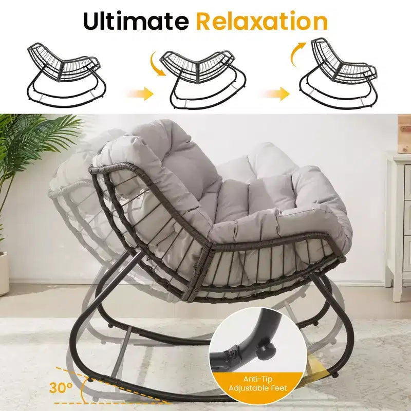 Heynemo Terrassen-Schaukelstuhl mit Hocker, Eiformiger Schaukelstuhl für drinnen und draußen mit Kissen, Überdimensionaler Papasan-Loungesessel aus Metall, Lesesessel