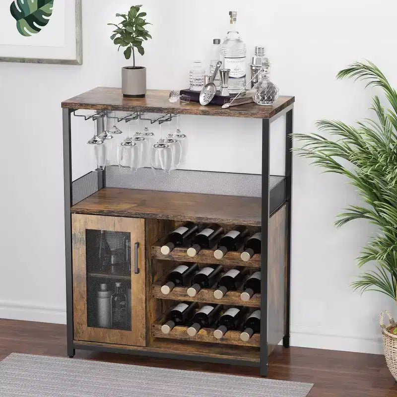 Grauer 3-stöckiger industrieller Weinbarschrank (12+ Flaschen), 91,4 H x 61 B x 38,1 T cm, abnehmbares Regal, 9 Glashalter & verstellbare Einlegeböden für Zuhause/Bar