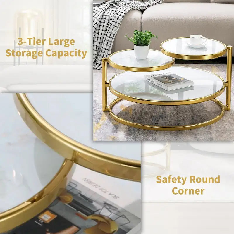 Runder Couchtisch aus gehärtetem Glas mit 3 Ebenen und um 360 Grad drehbarer Tischplatte
