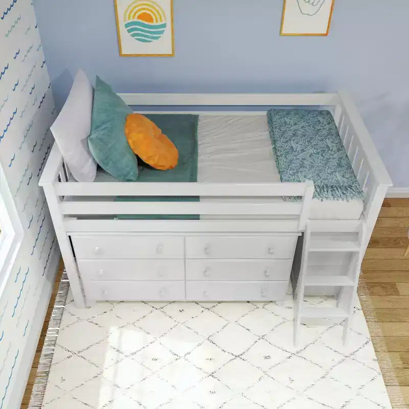 Max & Lily Niedriges Hochbett (Einzelbett) mit ausziehbarem Schreibtisch und 3-Schubladen-Kommoden