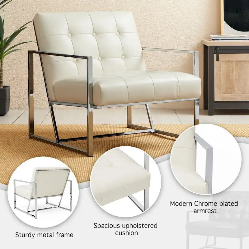 Glitzhome 77,5 cm hoher Mid-Century Akzentstuhl in Creme, PU-Leder mit Knopfheftung und verchromtem Gestell