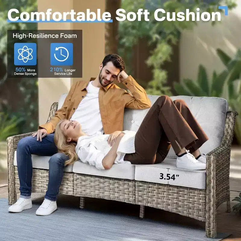 HOMLUX 6-teiliges Terrassen-Loungeset aus Polyrattan mit 3-Sitzer-Sofa und Polstern, Rattanstühlen, Hockern und Couchtisch