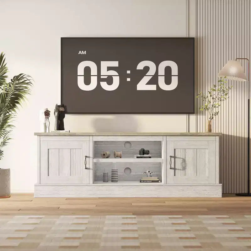 Moderner TV-Schrank für 65-Zoll-Fernseher, rustikales Entertainment-Center aus Holz mit geräumigen Aufbewahrungsschränken, Medienkonsole für Wohnzimmer und Büro