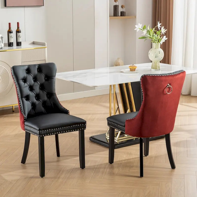 Set aus 2 Esszimmerstühlen mit hoher Rückenlehne, gepolsterte Küchenstühle aus PU-Leder mit Griff an der Rückseite und Holzbeinen, Stuhl als Sitzgelegenheit am Esstisch