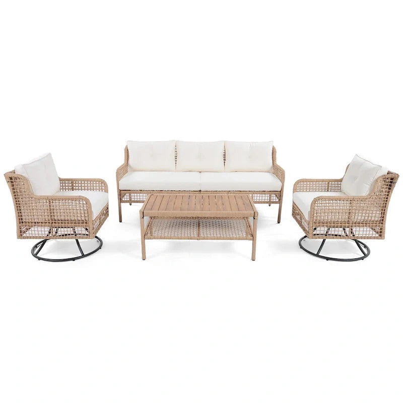 4-teiliges Outdoor-Rattangarniture-Set mit Drehstühlen und Couchtisch