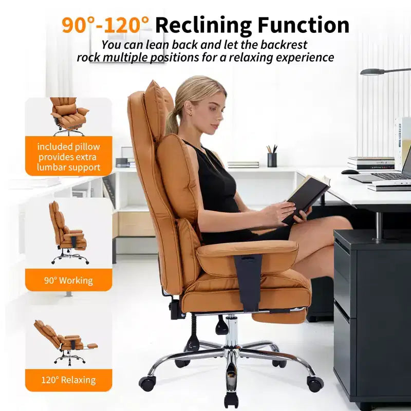 Großer Bürostuhl für große Personen mit Fußstütze, Gaming-Stuhl mit hoher Rückenlehne, Leder-Chefsessel, ergonomischer Schreibtischstuhl mit Lendenwirbelstütze