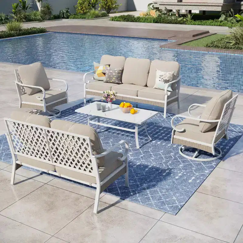 Captiva Designs 5-teiliges extra großes Outdoor-Lounge-Set aus Metall und Rattan mit drehbaren Sesseln mit Gitterrückenlehne und 2-Sitzer-Sofa