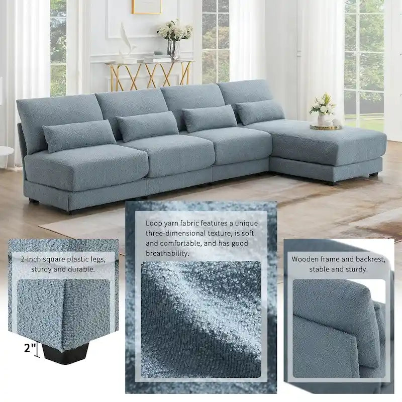 Übergroßes tiefes Ecksofa mit umkehrbarer Ottomane, umstellbares L-förmiges Sofa, Blau