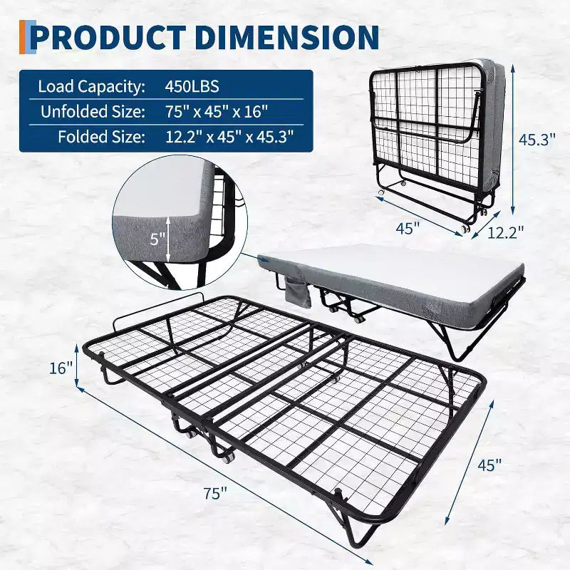 Klappbett mit Matratze für Erwachsene, tragbares Gästebett auf Rollen, faltbares Metallgestell-Bett mit 5-Zoll-Memory-Foam-Matratze und seitlicher Aufbewahrungstasche