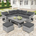 Outdoor-Rattan-Garnitur mit verstellbarem Tisch, Liegesesseln und 2 Hockern