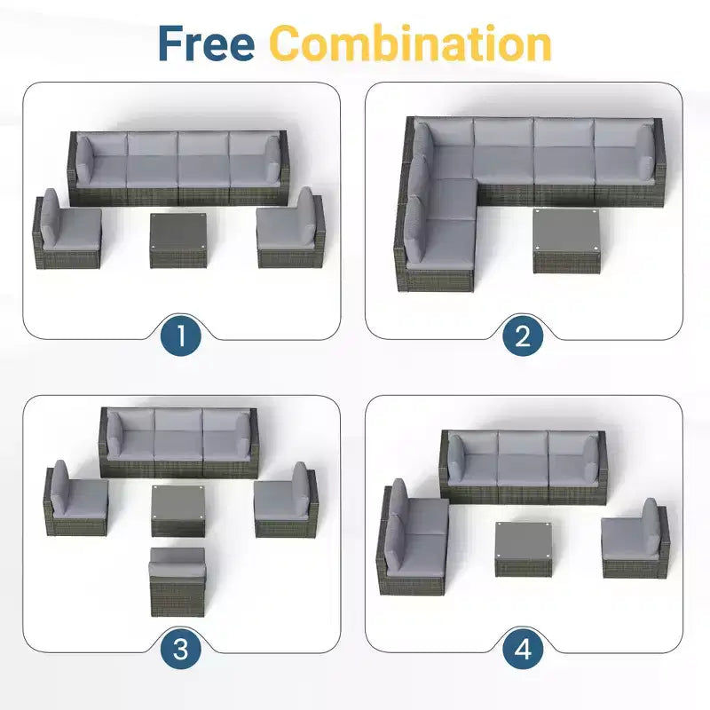 7-teiliges Outdoor-Gartenmöbel-Set, Geflochtene Lounge-Garnituren mit Auflagen und Couchtisch, Modulares Outdoor-Ecksofa