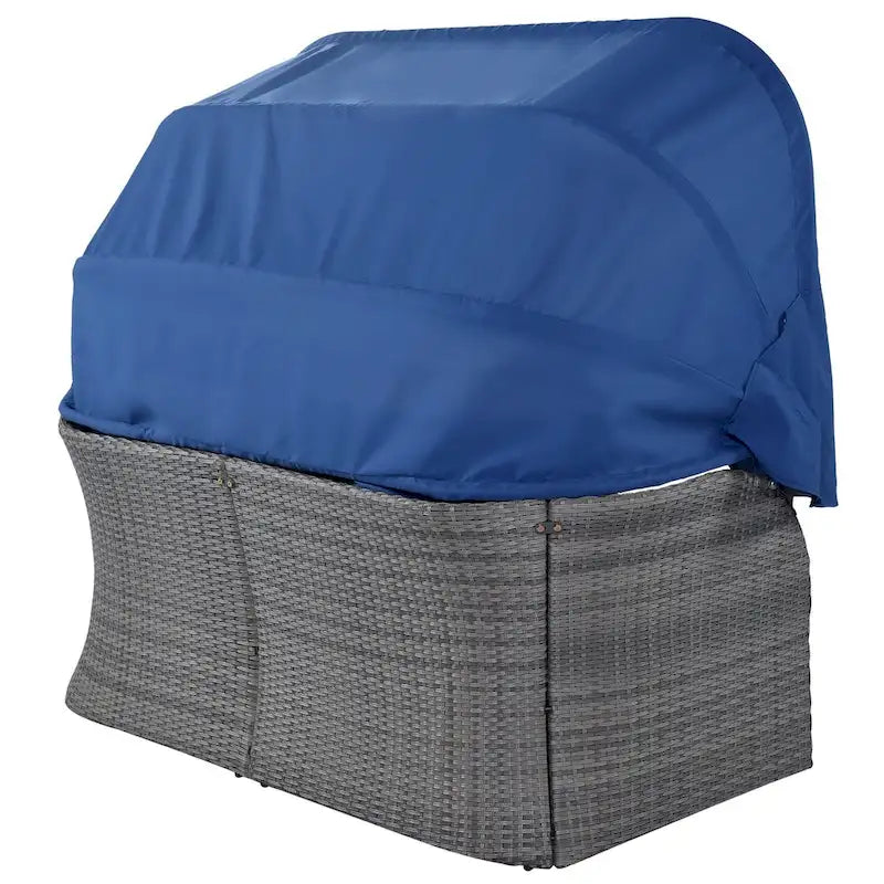 Graues Outdoor-Tagesbett aus Korbgeflecht mit Polstern und ausziehbarem Sonnendach