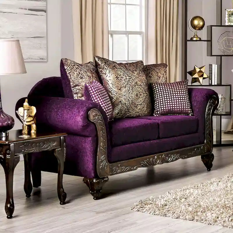 Grendel Traditionelles lila Chenille-Zweisitzer-Sofa mit gerollten Armlehnen von Furniture of America
