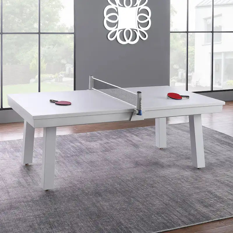 Norwalk Indoor/Outdoor 7-Fuß-Billardtisch in Schieferoptik, Esstischgarnitur für 6 Personen mit 4 Bänken und Zubehör, weißes Finish