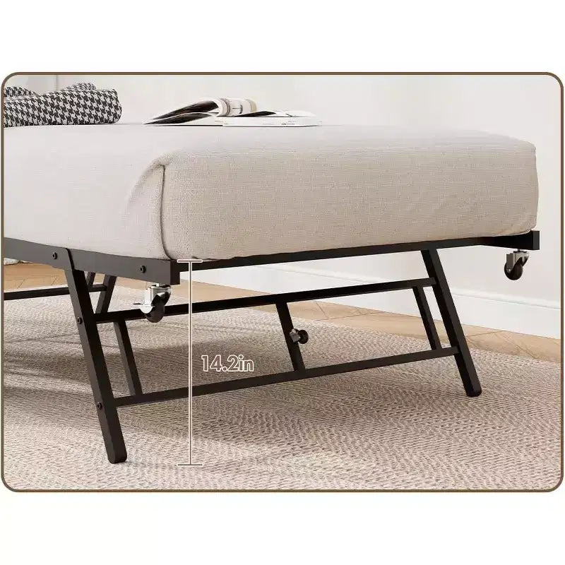 Tagesbett in Twin-Größe mit Ausziehbett, Metallrahmen mit Kopfteil in Holzoptik, feststellbare Rollen, platzsparendes Schlafsofa, kein Lattenrost erforderlich