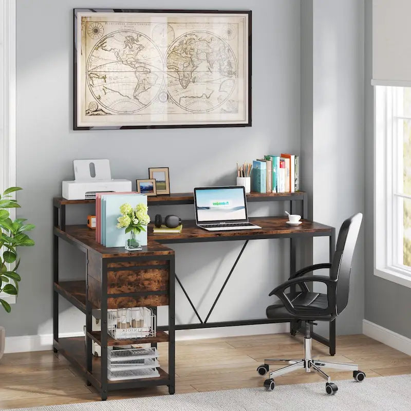 L-förmiger Schreibtisch mit Schublade, Eckschreibtisch für das Home-Office mit Ablagefächern und Monitorständer, rustikaler PC-Tisch für kleine Räume