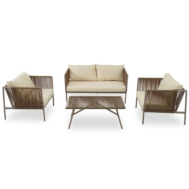4-teilige Outdoor-Lounge-Garnitur aus Seil für 4 Personen mit Auflagen und Glastisch